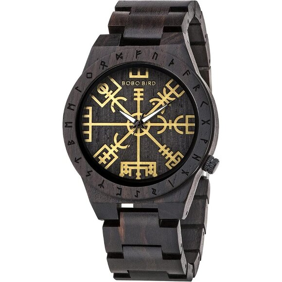 Men's Watch Handmade Wooden Unique Runic Circle Golden Symbol Quartz Wristwatch - Picture 1 of 9